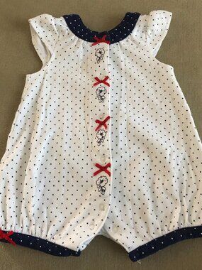 Little Me Baby Girls White & Blue Polka Dot Romper Short Sleeves Size 6 Month